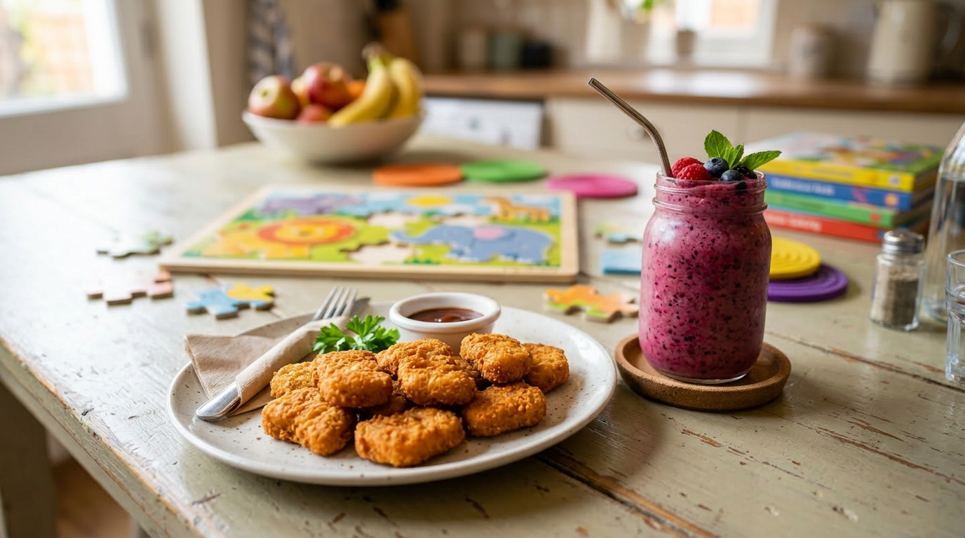 Plate of chicken nuggets with dipping sauce and a berry smoothie in a mason jar on a wooden table